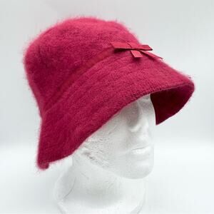 Vintage Y2K‎ GAP Rabbit Hair Wool Bucket Hat Fuzzy Red Bow S/M Preppy Academia